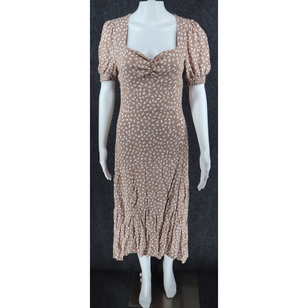 Petal + Pup Dress Women Small Beige‎ Puff SS Square V Neck Midi Ruch Cottage